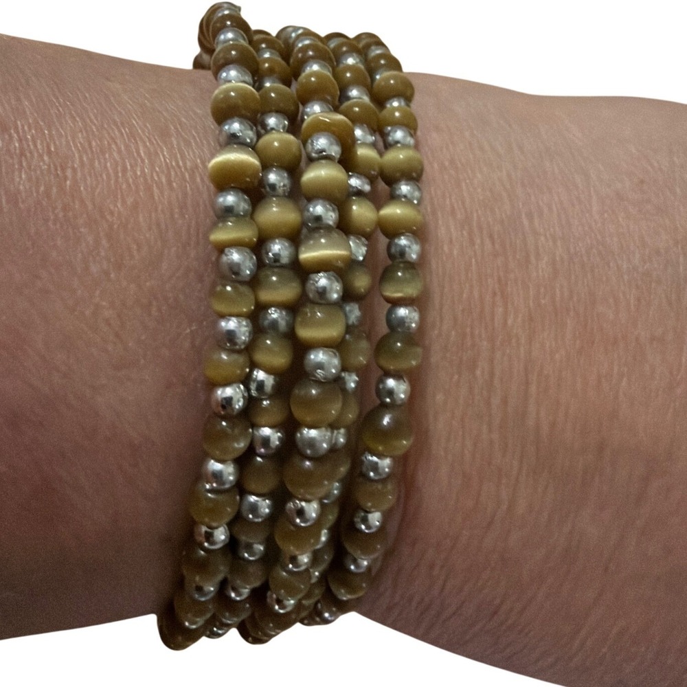 Cats Eye‎ Fiber Optic Honey Gold Silver Tone Multi Strand Wrap Bracelet Boho